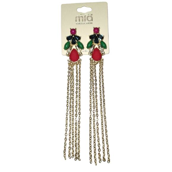 Mia Collection Long Gold Tone Chain Green Red Blue Faux Gemstone Earrings, 5" - Picture 2 of 6